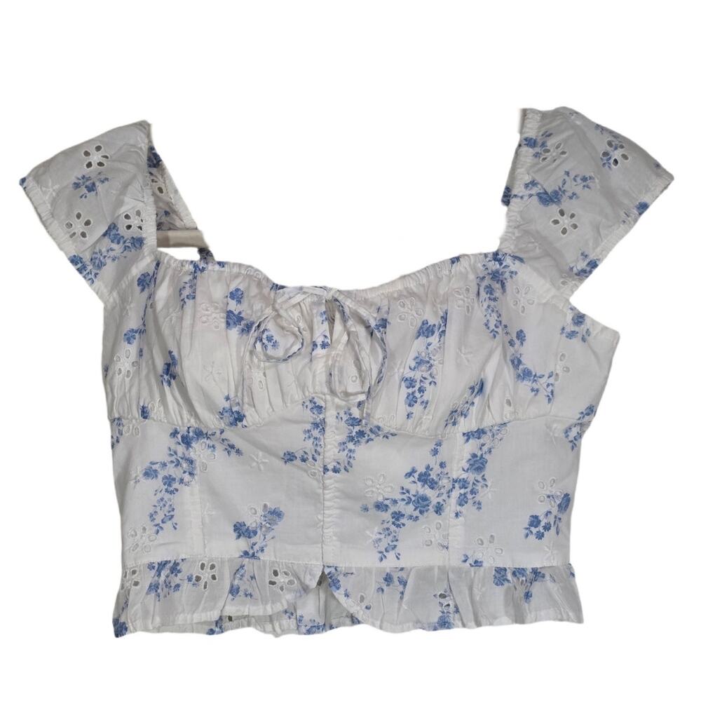 Hollister Floral Eyelet Crop Corset Top Cap Sleeves Small White Blue New
